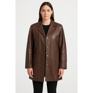 Large Womens‎ Brown Leather Jacket Stylish Classic Casual Wear Button Up Coat 54